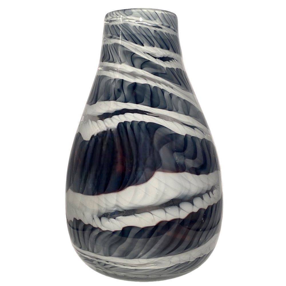 Handmade Vintage 1980s Black, Gray, White Art Glass Vase Object